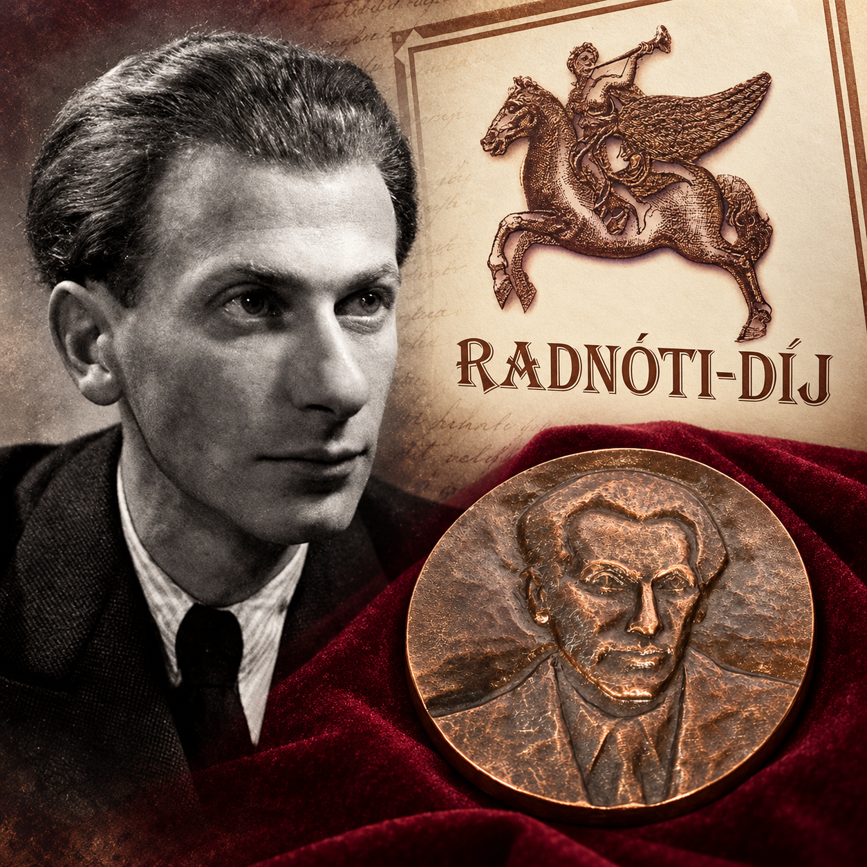 Radnóti Miklós portréja és a Radnóti-díj érméje egy kollázson